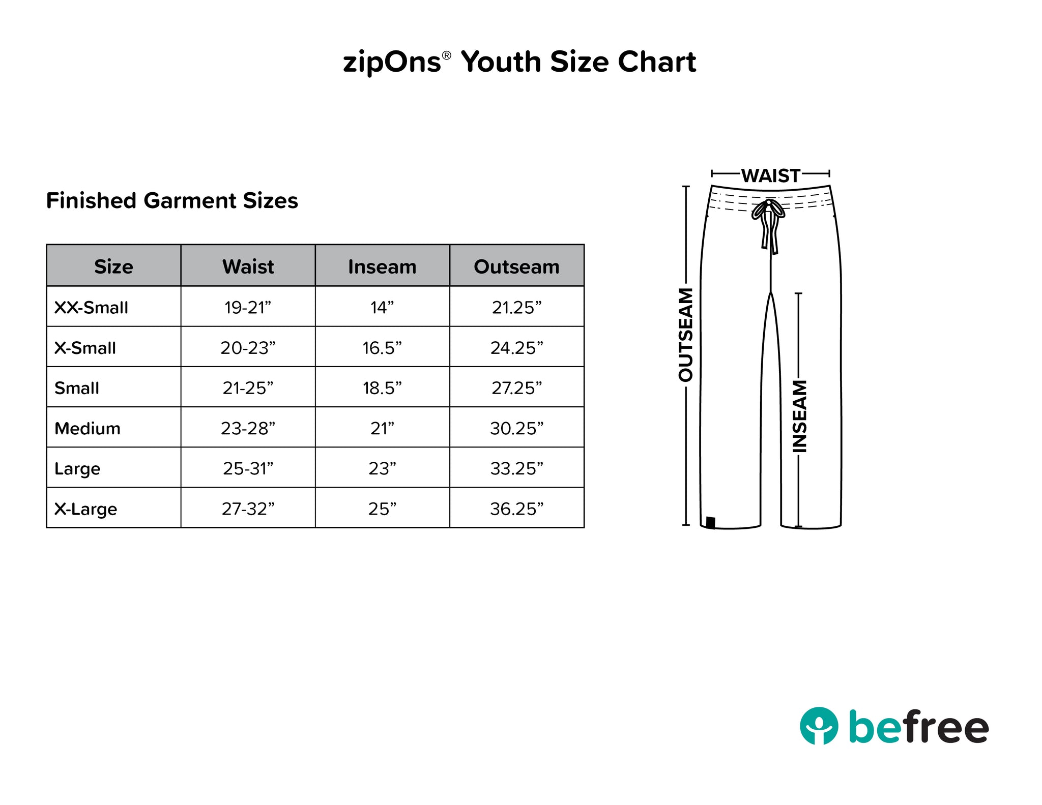 zipOns Youth Size Chart | zipOns Youth Heavyweight P... 28471499686060